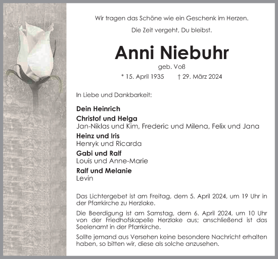 Traueranzeige von Anni Niebuhr von Neue Osnabrücker Zeitung GmbH & Co. KG