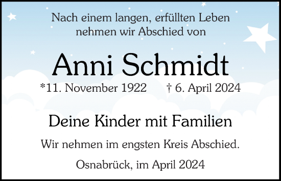 Traueranzeige von Anni Schmidt von Neue Osnabrücker Zeitung GmbH & Co. KG