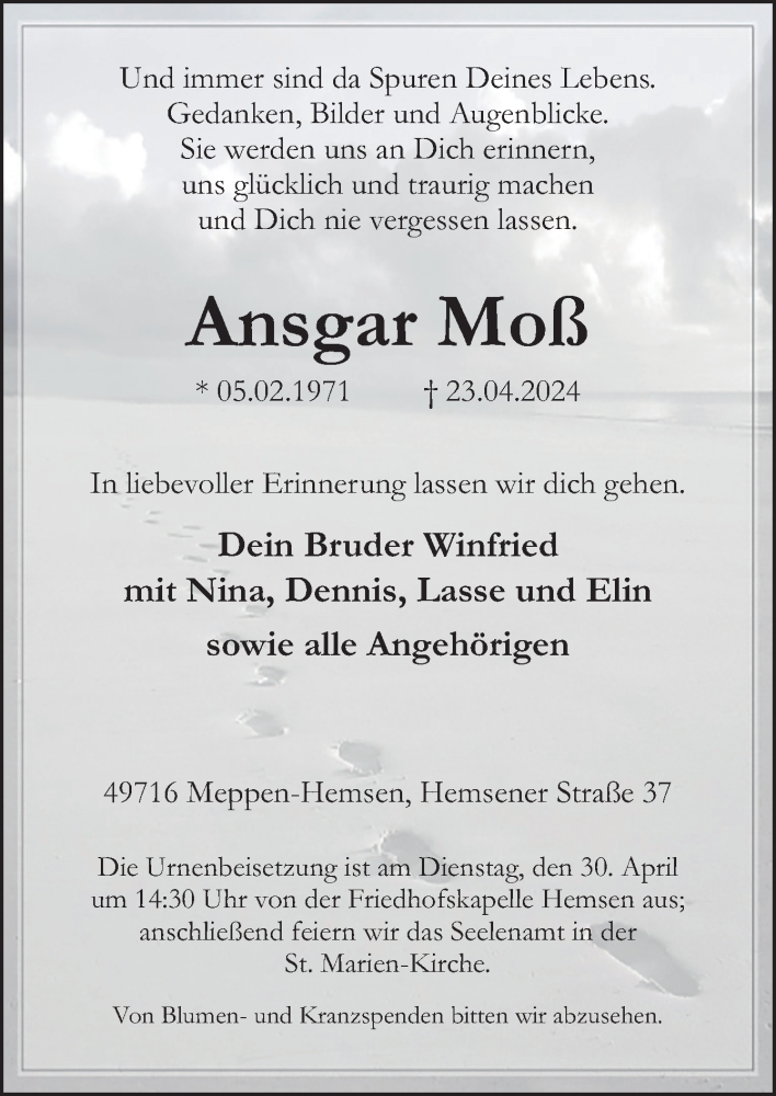  Traueranzeige für Ansgar Moß vom 27.04.2024 aus Neue Osnabrücker Zeitung GmbH & Co. KG