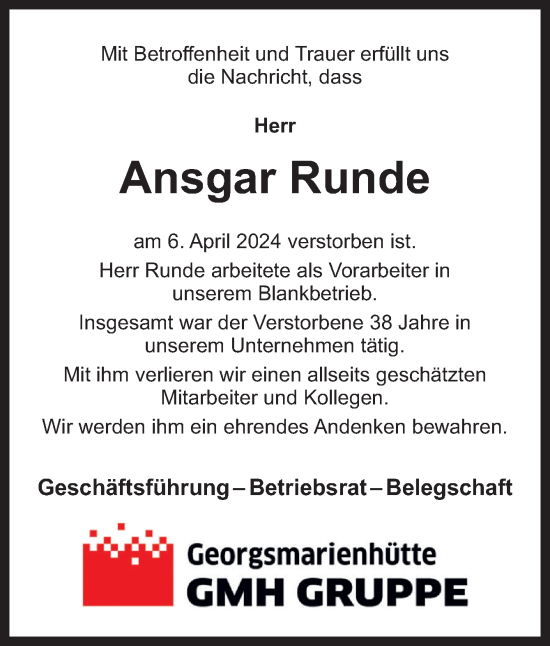 Traueranzeige von Ansgar Runde von Neue Osnabrücker Zeitung GmbH & Co. KG