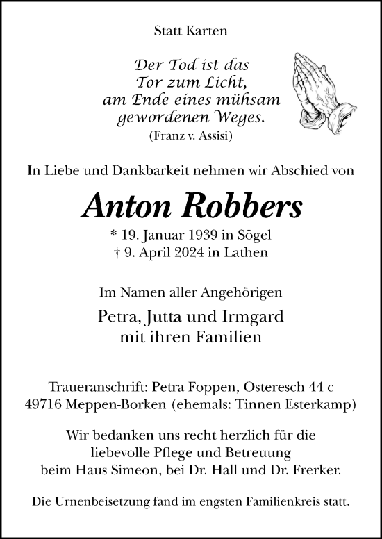 Traueranzeige von Anton Robbers von Neue Osnabrücker Zeitung GmbH & Co. KG