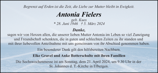 Traueranzeige von Antonia Fielers von Neue Osnabrücker Zeitung GmbH & Co. KG