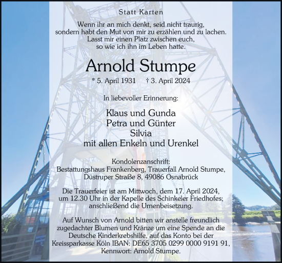 Traueranzeige von Arnold Stumpe von Neue Osnabrücker Zeitung GmbH & Co. KG