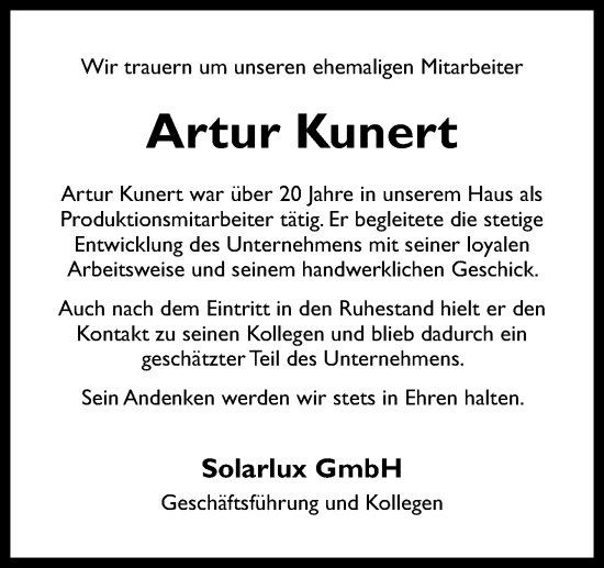 Traueranzeige von Artur Kunert von Neue Osnabrücker Zeitung GmbH & Co. KG