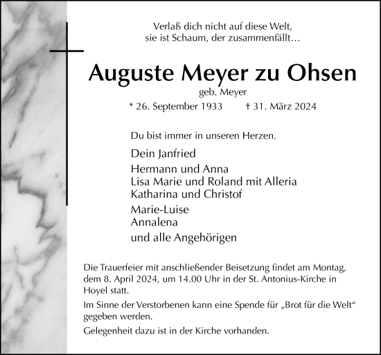 Traueranzeige von Auguste Meyer zu Ohsen von Neue Osnabrücker Zeitung GmbH & Co. KG