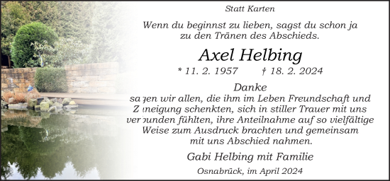 Traueranzeige von Axel Helbing von Neue Osnabrücker Zeitung GmbH & Co. KG