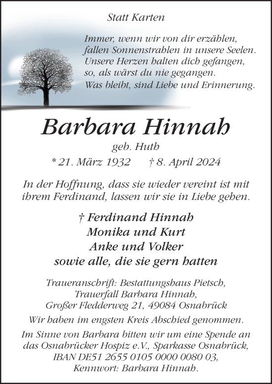Traueranzeige von Barbara Hinnah von Neue Osnabrücker Zeitung GmbH & Co. KG