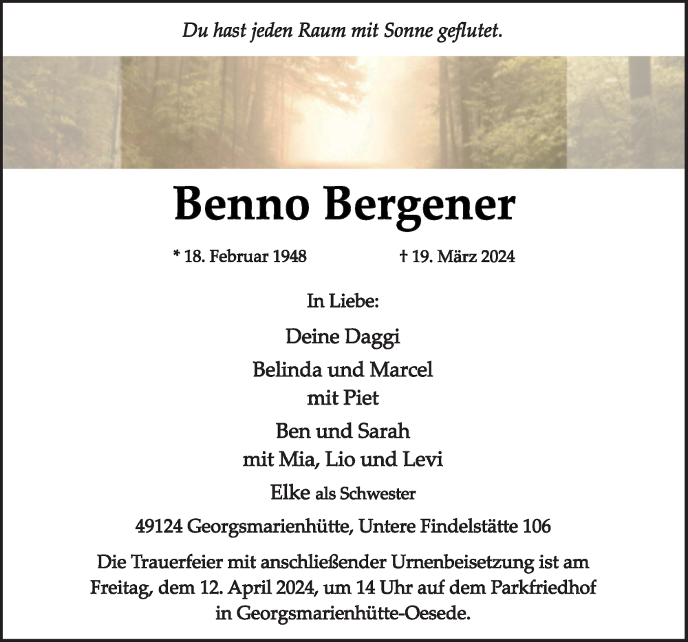  Traueranzeige für Benno Bergener vom 06.04.2024 aus Neue Osnabrücker Zeitung GmbH & Co. KG
