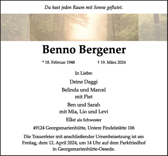 Traueranzeige von Benno Bergener von Neue Osnabrücker Zeitung GmbH & Co. KG