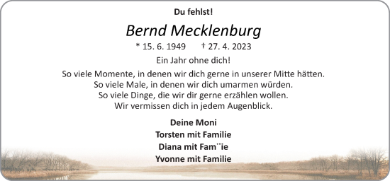 Traueranzeige von Bernd Mecklenburg von Neue Osnabrücker Zeitung GmbH & Co. KG