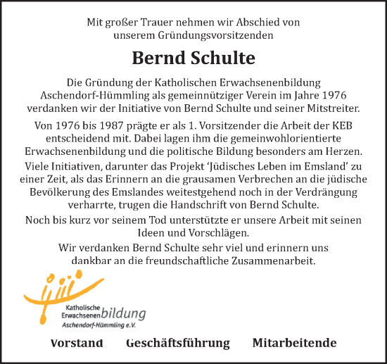 Traueranzeige von Bernd Schulte von Neue Osnabrücker Zeitung GmbH & Co. KG