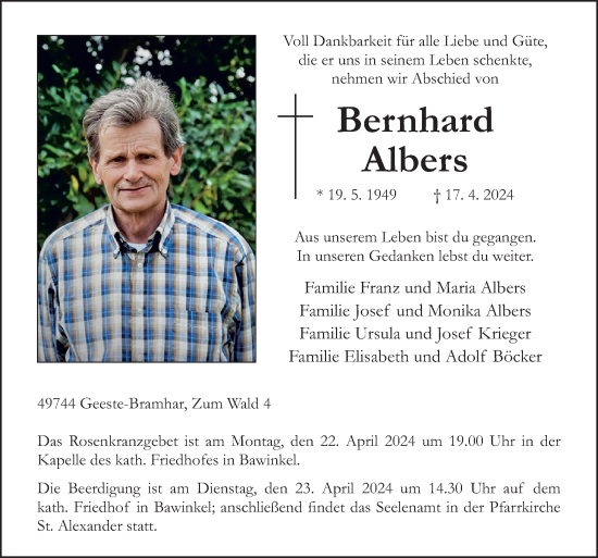Traueranzeige von Bernhard Albers von Neue Osnabrücker Zeitung GmbH & Co. KG