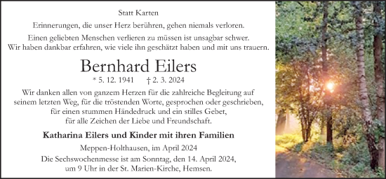 Traueranzeige von Bernhard Eilers von Neue Osnabrücker Zeitung GmbH & Co. KG