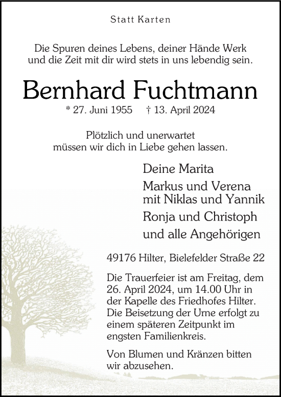 Traueranzeige von Bernhard Fuchtmann von Neue Osnabrücker Zeitung GmbH & Co. KG