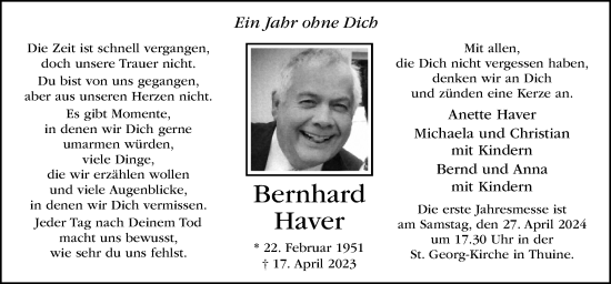 Traueranzeige von Bernhard Haver von Neue Osnabrücker Zeitung GmbH & Co. KG