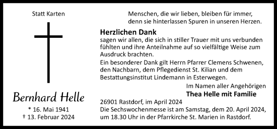 Traueranzeige von Bernhard Helle von Neue Osnabrücker Zeitung GmbH & Co. KG