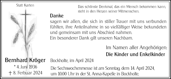 Traueranzeige von Bernhard Kröger von Neue Osnabrücker Zeitung GmbH & Co. KG