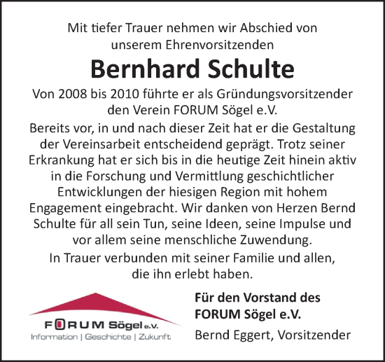 Traueranzeige von Bernhard Schulte von Neue Osnabrücker Zeitung GmbH & Co. KG