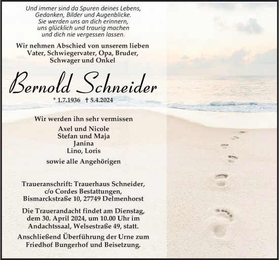 Traueranzeige von Bernold Schneider von DK Medien GmbH & Co. KG