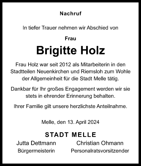 Traueranzeige von Brigitte Holz von Neue Osnabrücker Zeitung GmbH & Co. KG