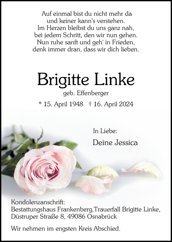 Traueranzeige von Brigitte Linke von Neue Osnabrücker Zeitung GmbH & Co. KG