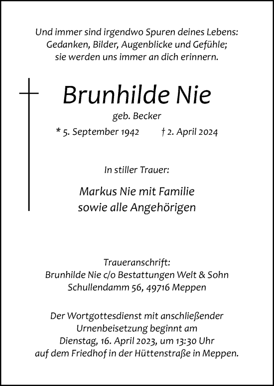 Traueranzeige von Brunhilde Nie von Neue Osnabrücker Zeitung GmbH & Co. KG