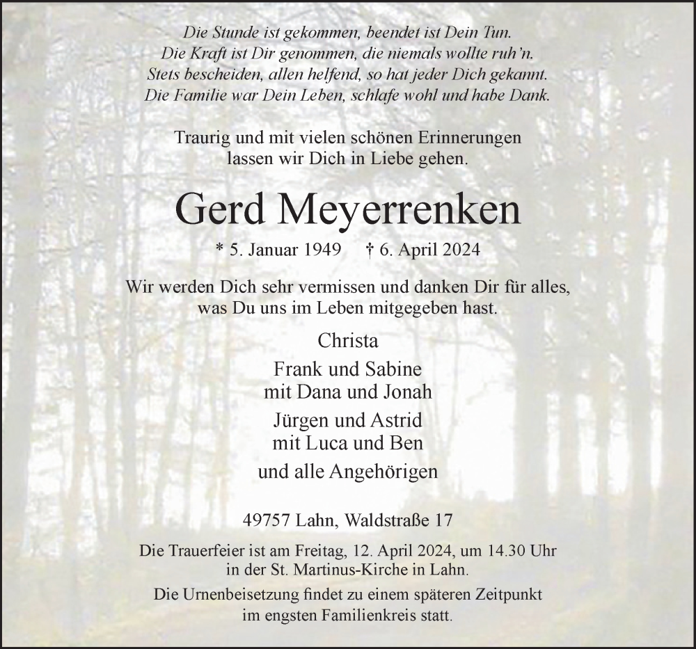  Traueranzeige für Gerd Meyerrenken vom 09.04.2024 aus Neue Osnabrücker Zeitung GmbH & Co. KG