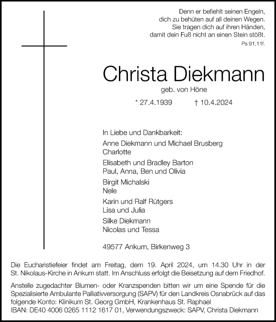 Traueranzeige von Christa Diekmann von Neue Osnabrücker Zeitung GmbH & Co. KG