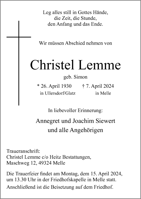 Traueranzeige von Christel Lemme von Neue Osnabrücker Zeitung GmbH & Co. KG