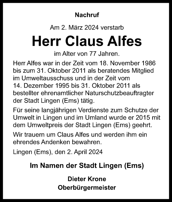 Traueranzeige von Claus Alfes von Neue Osnabrücker Zeitung GmbH & Co. KG
