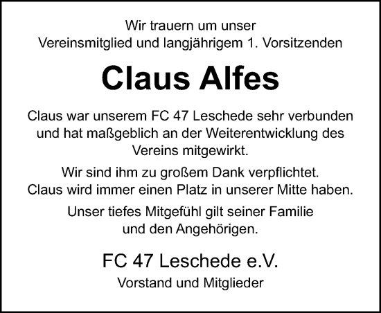 Traueranzeige von Claus Alfes von Neue Osnabrücker Zeitung GmbH & Co. KG
