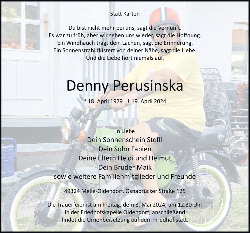  Traueranzeige für Denny Perusinska vom 27.04.2024 aus Neue Osnabrücker Zeitung GmbH & Co. KG