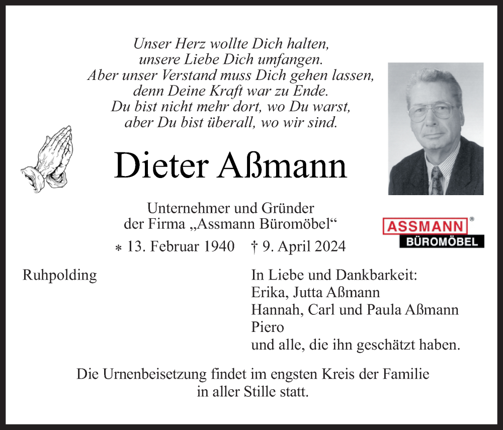  Traueranzeige für Dieter Aßmann vom 13.04.2024 aus Neue Osnabrücker Zeitung GmbH & Co. KG