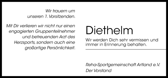 Traueranzeige von Diethelm  von Neue Osnabrücker Zeitung GmbH & Co. KG