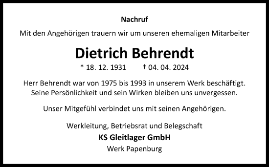 Traueranzeige von Dietrich Behrendt von Neue Osnabrücker Zeitung GmbH & Co. KG