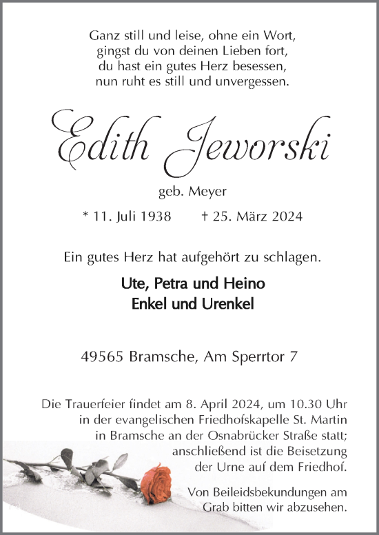 Traueranzeige von Edith Jeworski von Neue Osnabrücker Zeitung GmbH & Co. KG