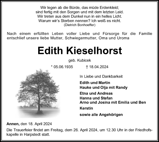Traueranzeige von Edith Kieselhorst von DK Medien GmbH & Co. KG