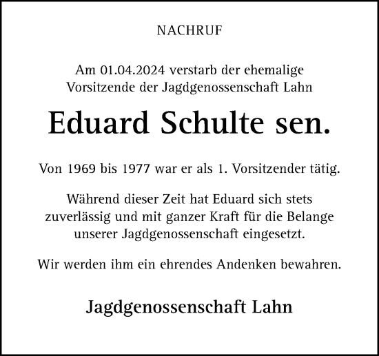 Traueranzeige von Eduard Schulte von Neue Osnabrücker Zeitung GmbH & Co. KG