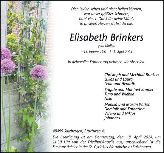 Traueranzeige von Elisabeth Brinkers von Neue Osnabrücker Zeitung GmbH & Co. KG