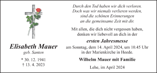 Traueranzeige von Elisabeth Mauer von Neue Osnabrücker Zeitung GmbH & Co. KG