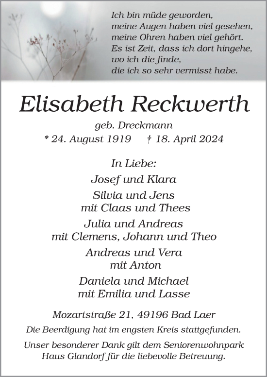Traueranzeige von Elisabeth Reckwerth von Neue Osnabrücker Zeitung GmbH & Co. KG