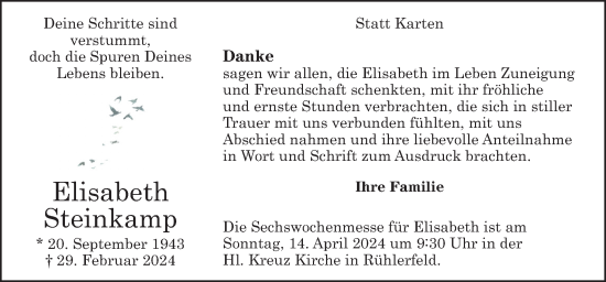 Traueranzeige von Elisabeth Steinkamp von Neue Osnabrücker Zeitung GmbH & Co. KG