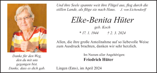 Traueranzeige von Elke-Benita Hüter von Neue Osnabrücker Zeitung GmbH & Co. KG