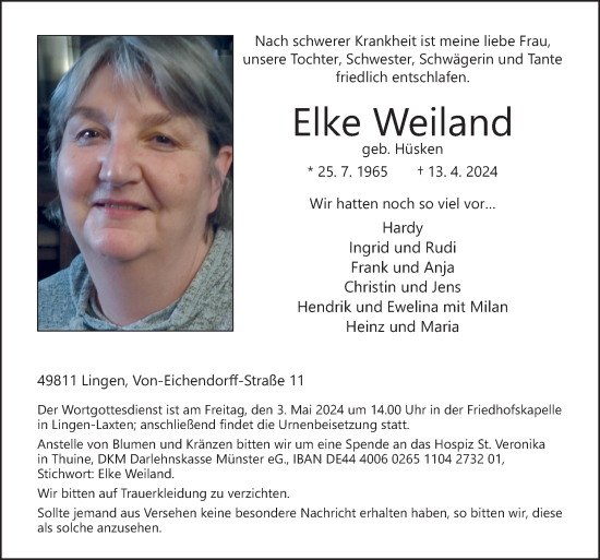 Traueranzeige von Elke Weiland von Neue Osnabrücker Zeitung GmbH & Co. KG