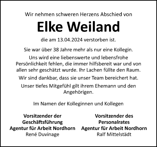 Traueranzeige von Elke Weiland von Neue Osnabrücker Zeitung GmbH & Co. KG
