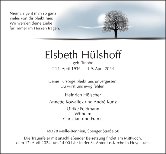 Traueranzeige von Elsbeth Hülshoff von Neue Osnabrücker Zeitung GmbH & Co. KG