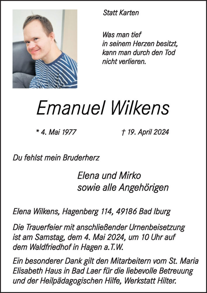  Traueranzeige für Emanuel Wilkens vom 27.04.2024 aus Neue Osnabrücker Zeitung GmbH & Co. KG