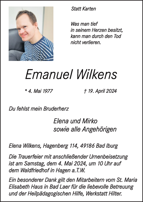 Traueranzeige von Emanuel Wilkens von Neue Osnabrücker Zeitung GmbH & Co. KG