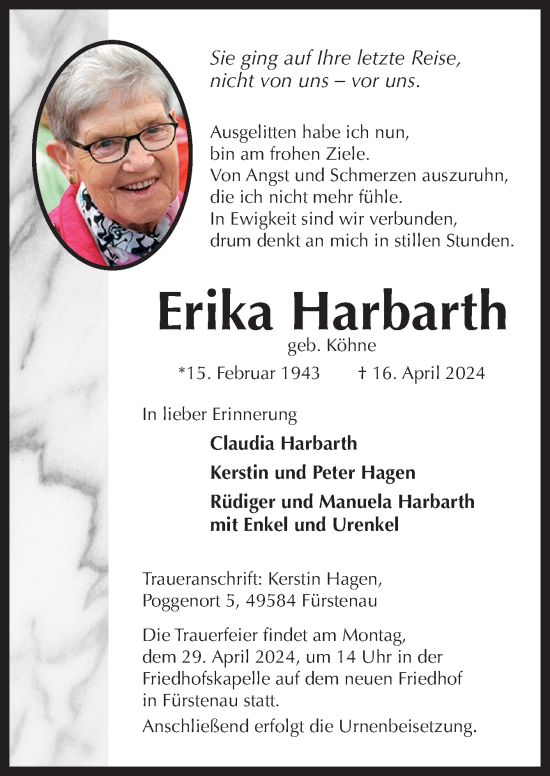 Traueranzeige von Erika Harbarth von Neue Osnabrücker Zeitung GmbH & Co. KG