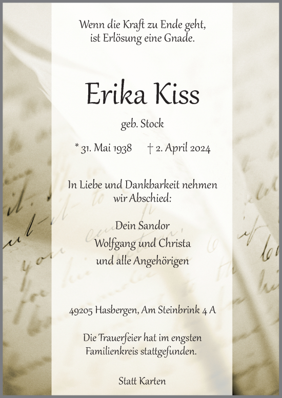Traueranzeige von Erika Kiss von Neue Osnabrücker Zeitung GmbH & Co. KG